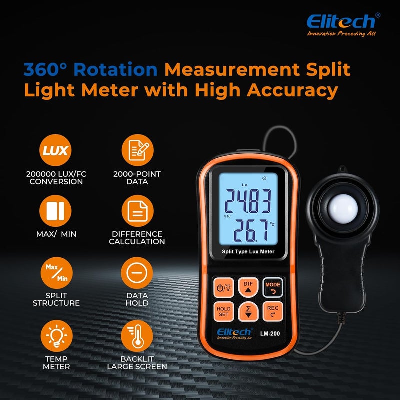 Elitech Digital Light Meter LM-200, Handheld Illuminance Meter with LCD Display, 200,000 Lux Range, Temperature Measurement - Image 2